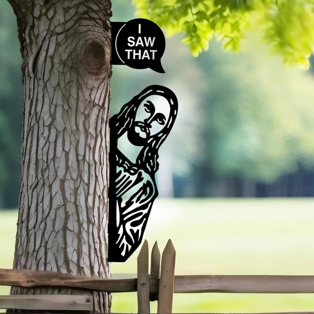 Peeking Jesus Metal Sign