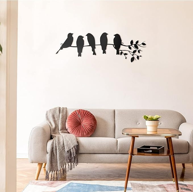 Birds on Branch with Leaves Metal Wall Art