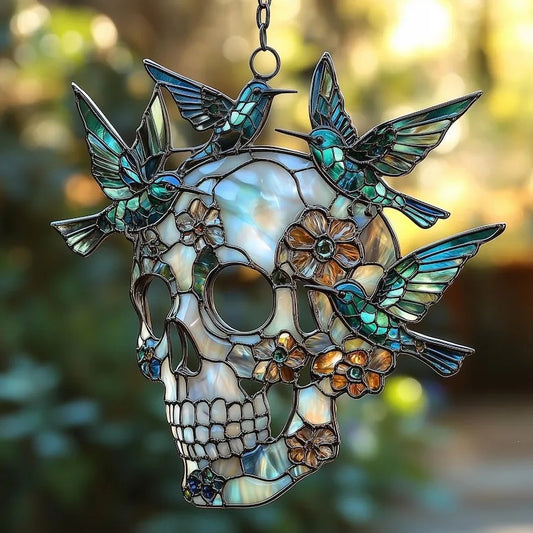 Hummingbird Skull Acrylic Window Hanging Faux Stained Glass Suncatcher