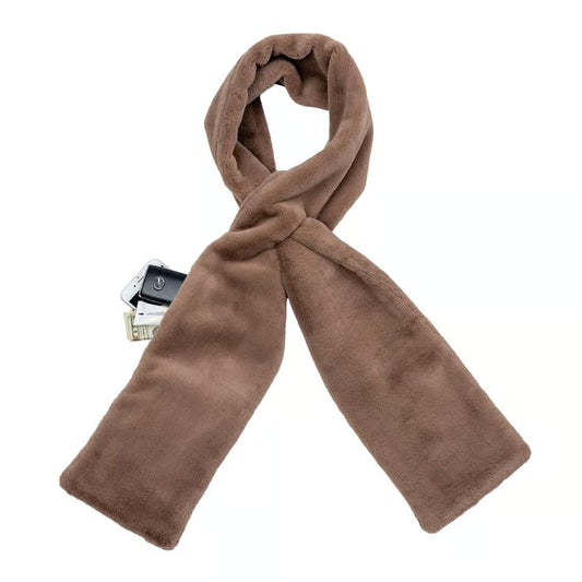 Faux Fur Scarf With Hidden Zipper Pocket For Cell Phone and Valuables